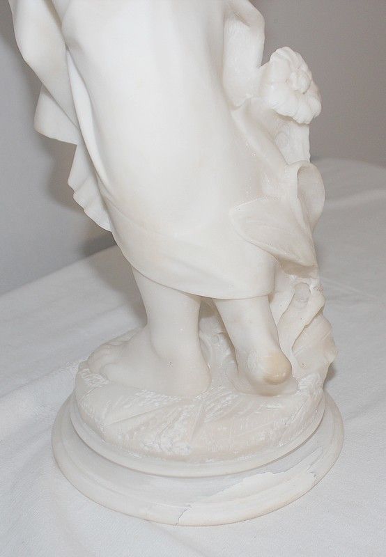 photo vintage Large Alabaster Sculpture "Young Girl With Flowers", 1900