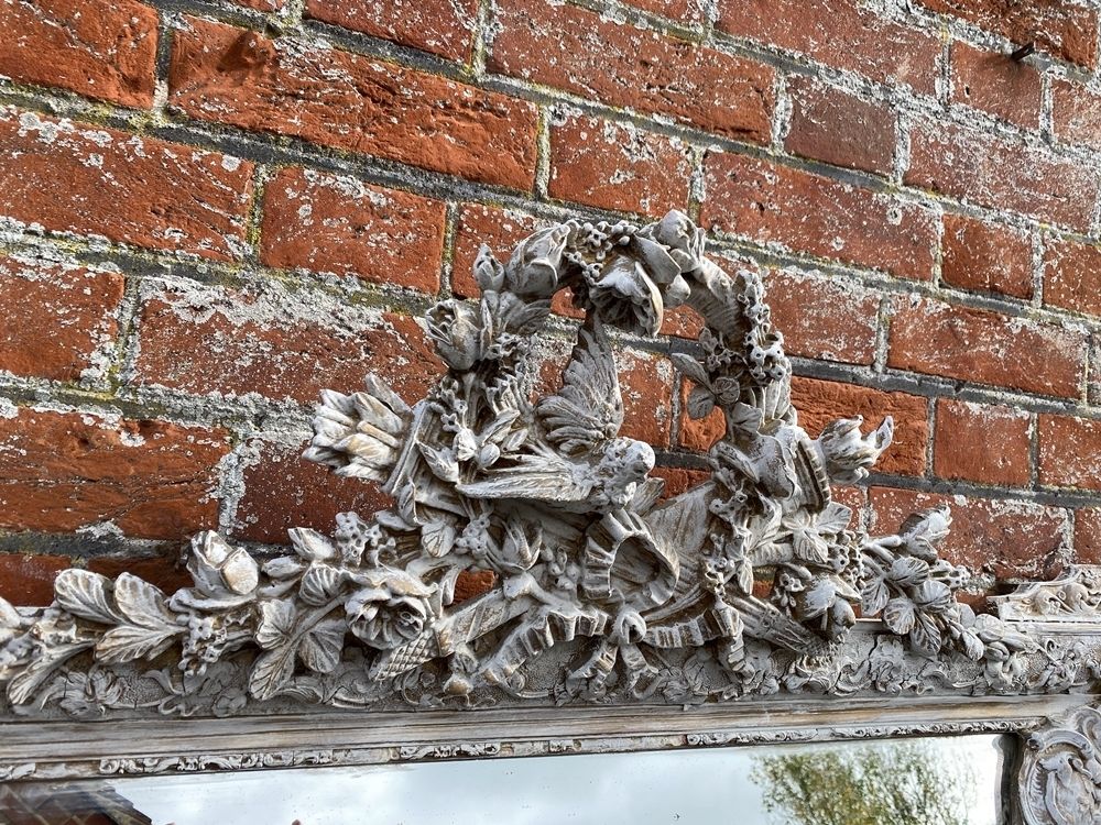 A Stunning Large Antique French 19th Century Carved Wood & Gesso Distressed Painted Cushion Mirror. photo Home Decor