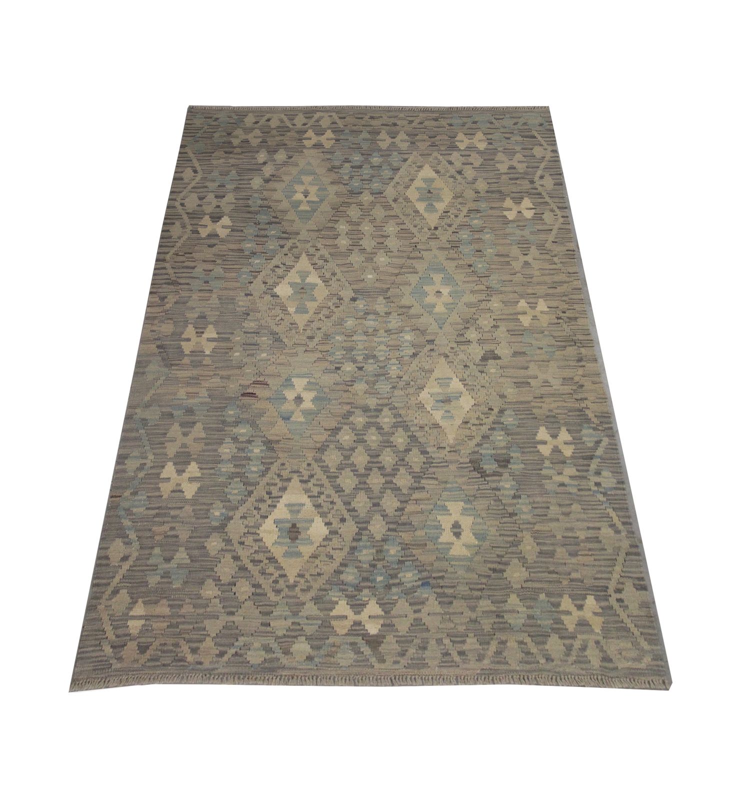 New Traditional Geometric Kilim Bold Handmade Beige Blue Area Rug  124x182cm photo 507.0