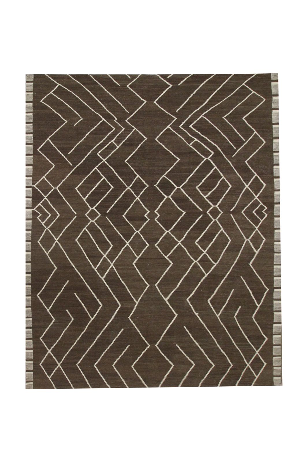 Brown Scandinavian Style Flat Woven Kilim Contemporary Handwoven Wool Area Rug  218x301cm