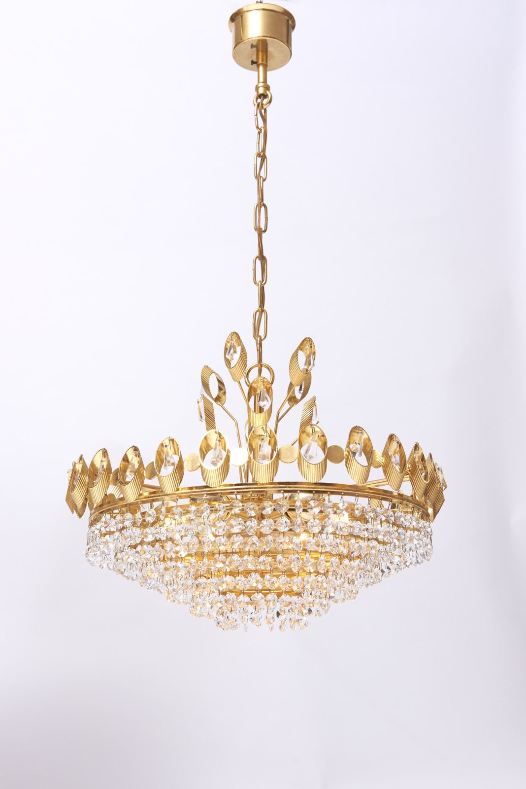 Elegant Chandelier With Crystals On Brass Structure Designed By Palme & Walter For Palwa, Germany, 1960s. photo for sale