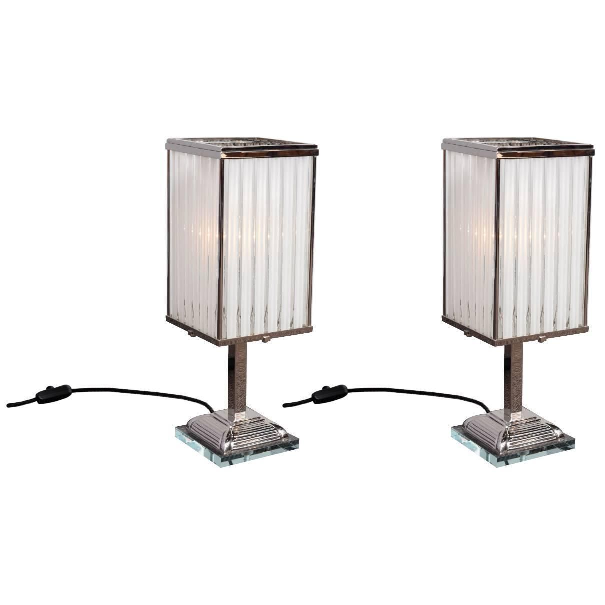 Pair Of  Art Deco Table Lamps In Nickel Plated Metal And Glass