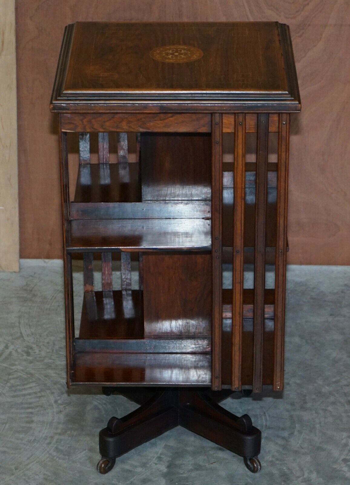 Circa 1900 Edwardian Rosewood Revolving Bookcase Sheraton Inlaid Book Table photo for sale
