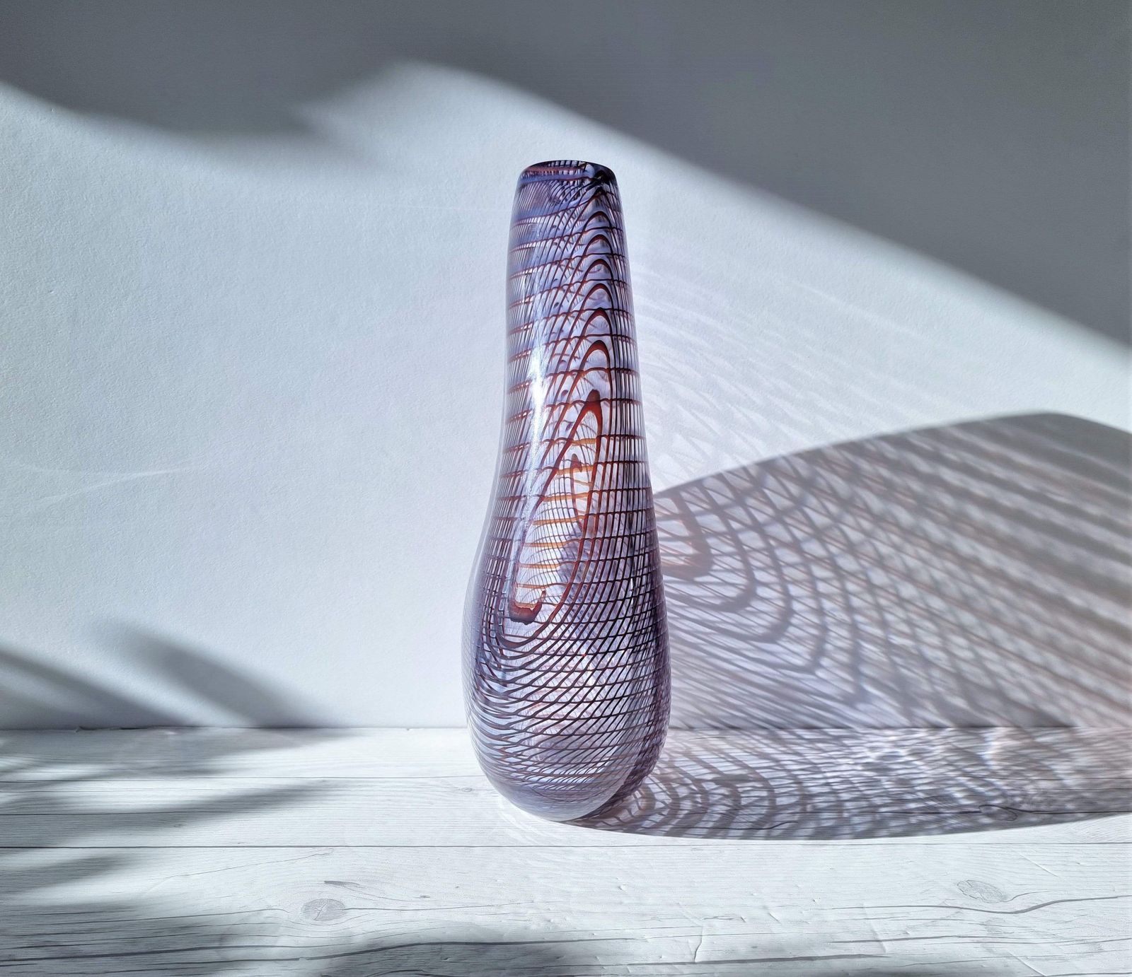 photo for sale Kosta Boda In The Style Of Dreutler, Sculpted Optical Art Netted Teardrop Vase, Swedish, Rare