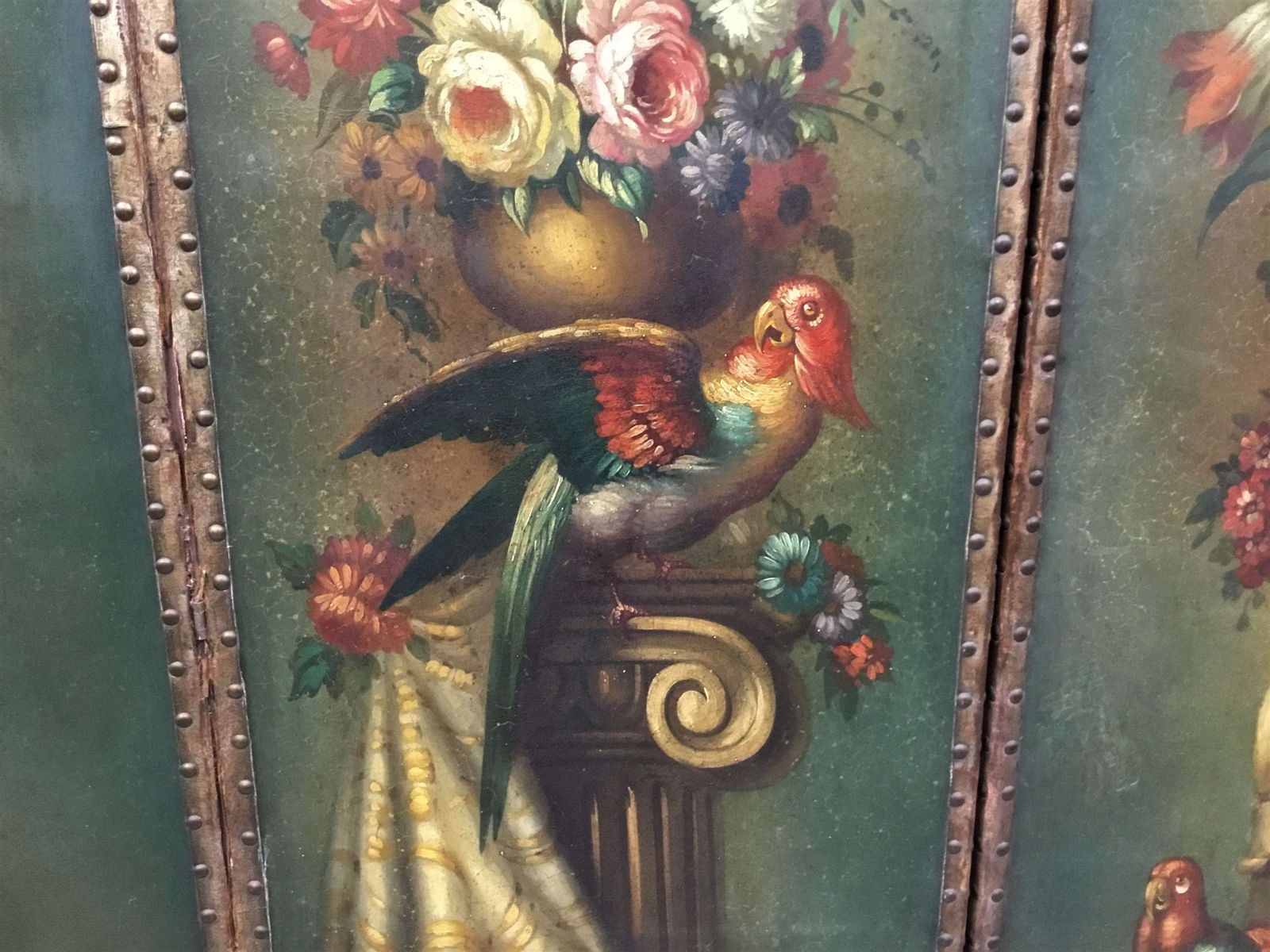 C19th Painted Leather Three Fold Screen; photo buy