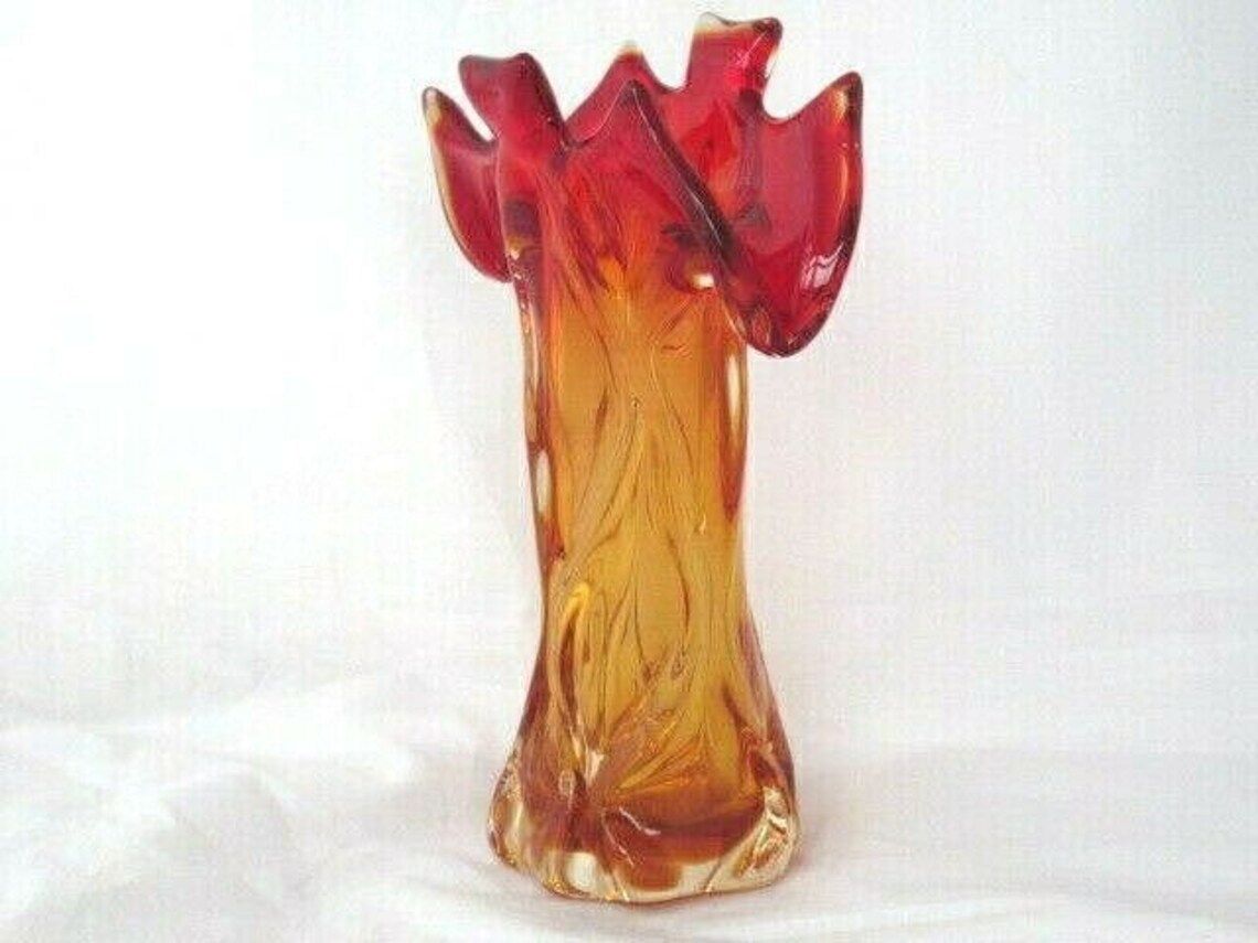 Urano Abstract Art Glass Palm Tree Vase Red Amberina Gold Italy C50s Vintage photo furniture