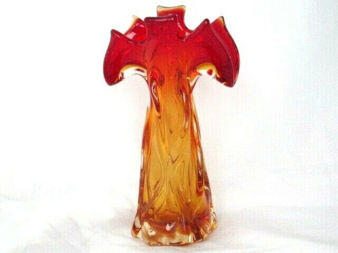 Urano Abstract Art Glass Palm Tree Vase Red Amberina Gold Italy C50s Vintage photo 154.0