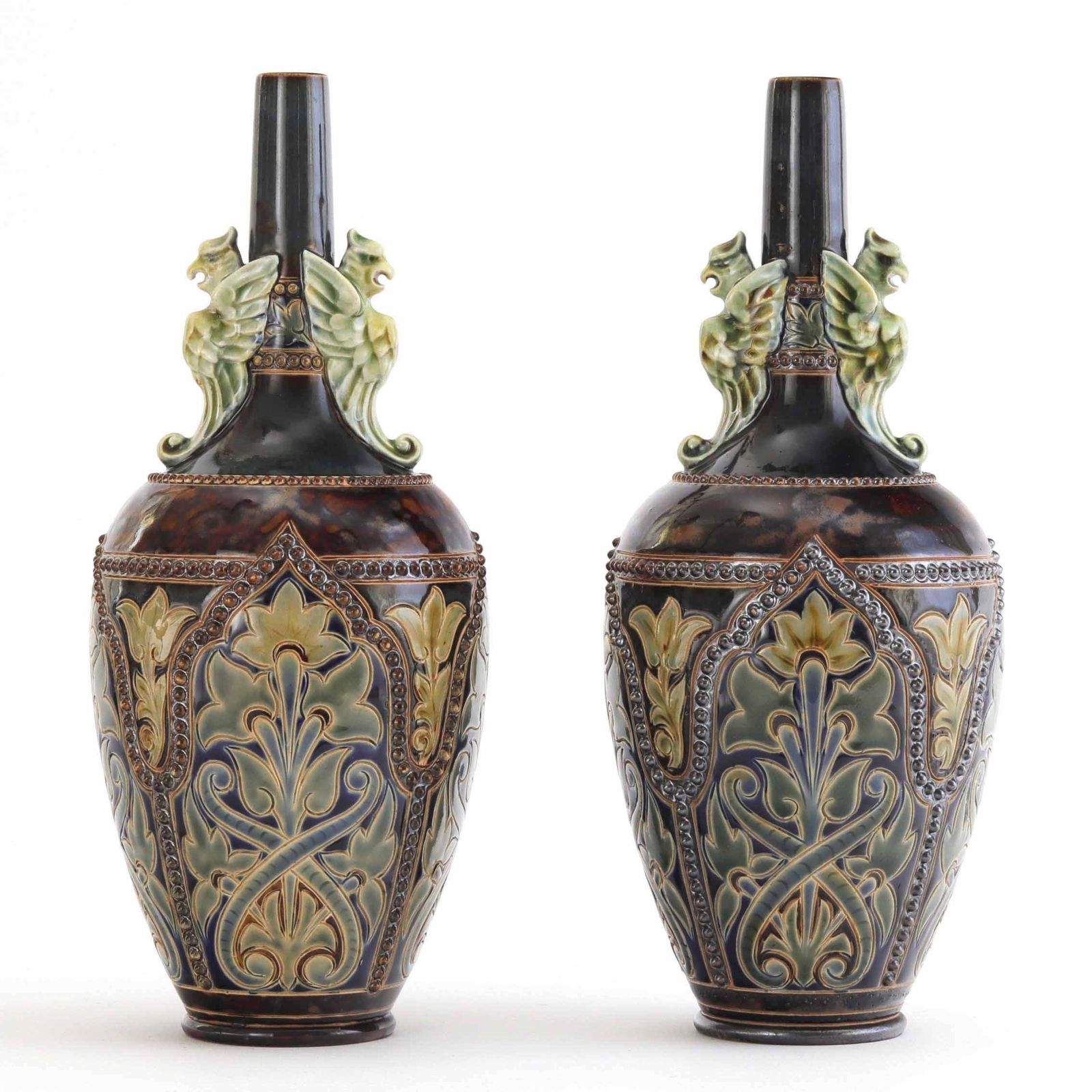 Pair Of Doulton Lambeth Bottle Vases With Applied Griffins By Frank Butler C1885