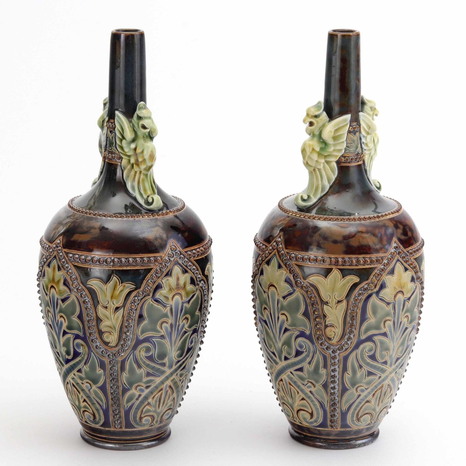 Pair Of Doulton Lambeth Bottle Vases With Applied Griffins By Frank Butler C1885 photo for sale
