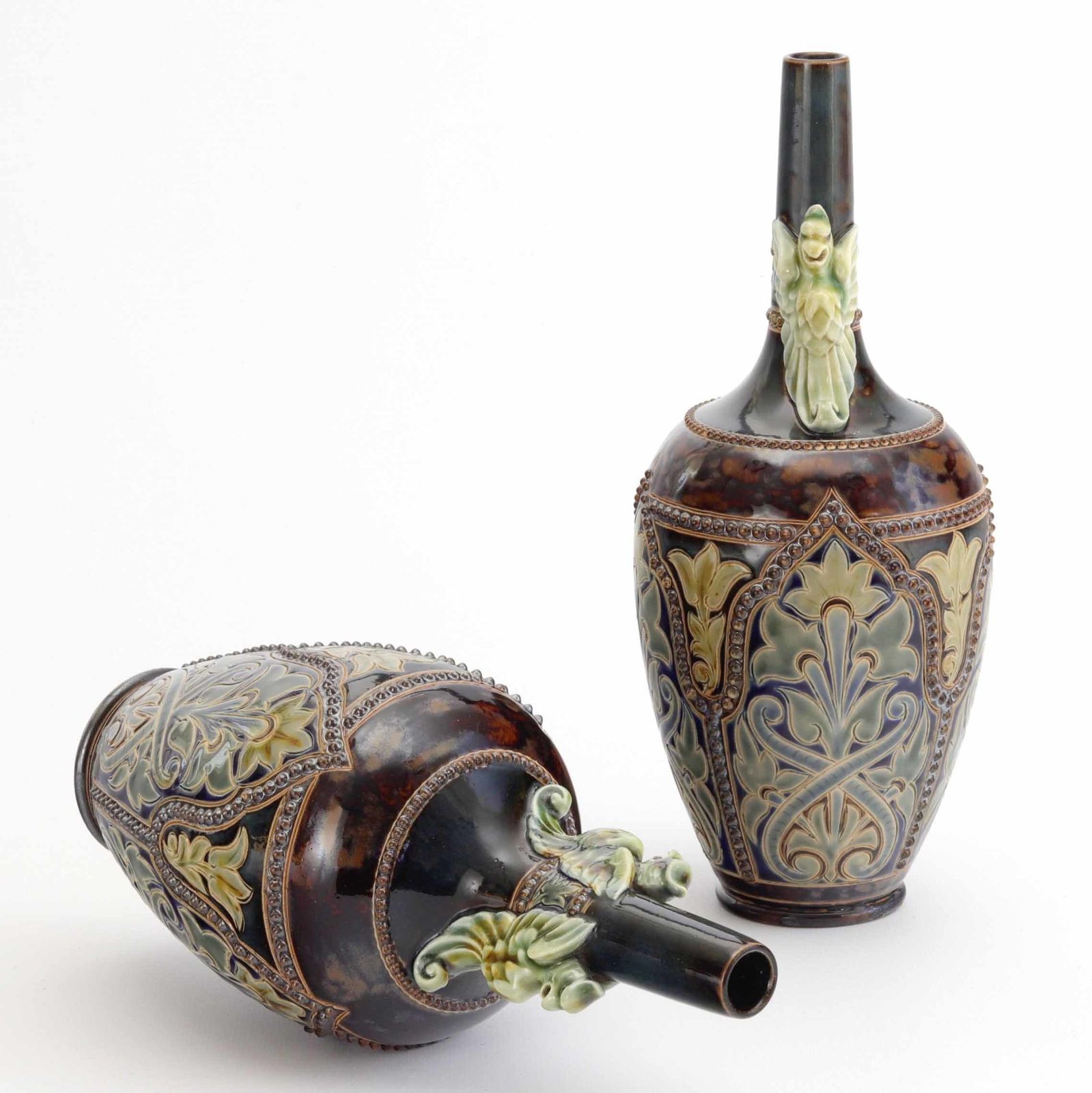 Pair Of Doulton Lambeth Bottle Vases With Applied Griffins By Frank Butler C1885 photo Home Decor