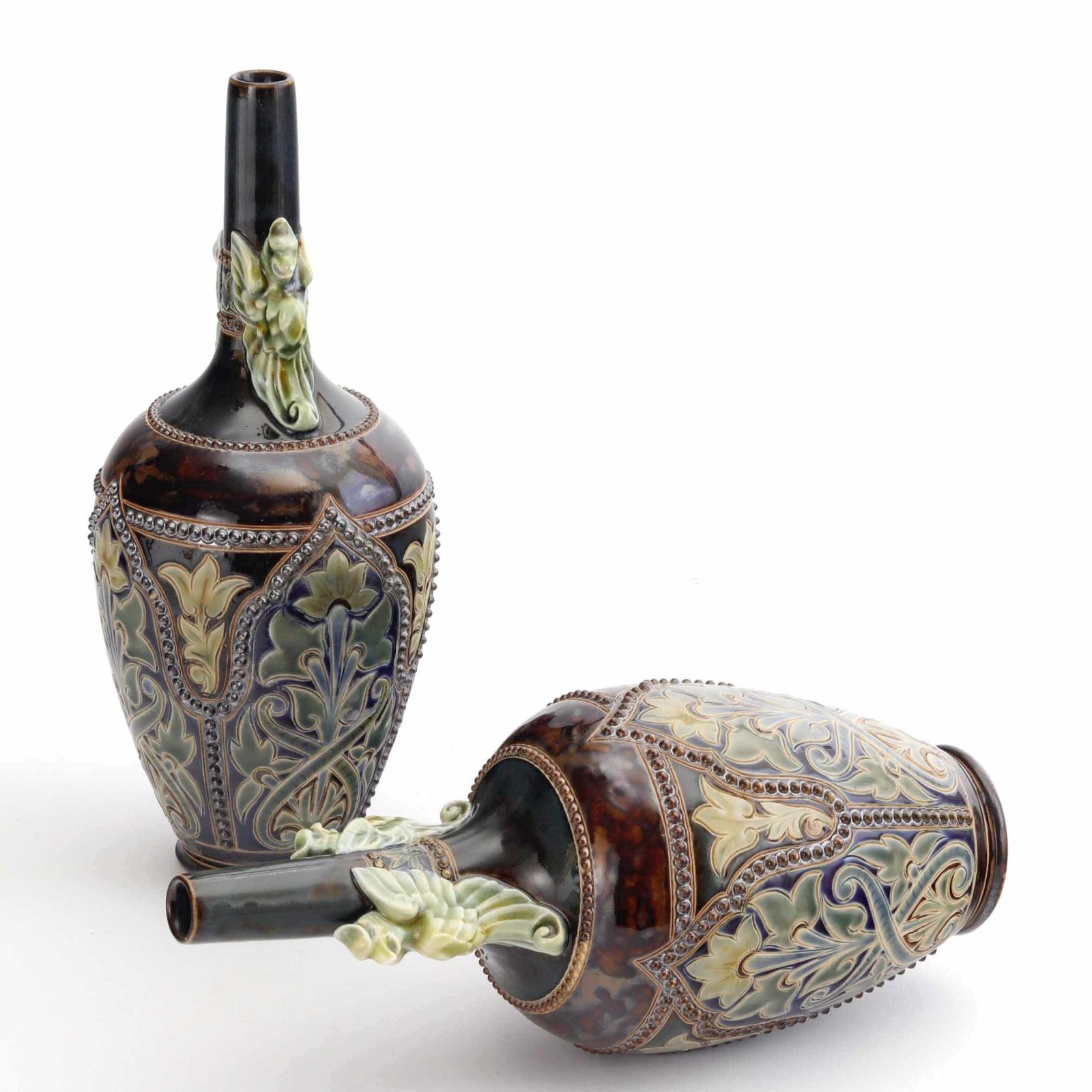 Pair Of Doulton Lambeth Bottle Vases With Applied Griffins By Frank Butler C1885 photo 1375.0
