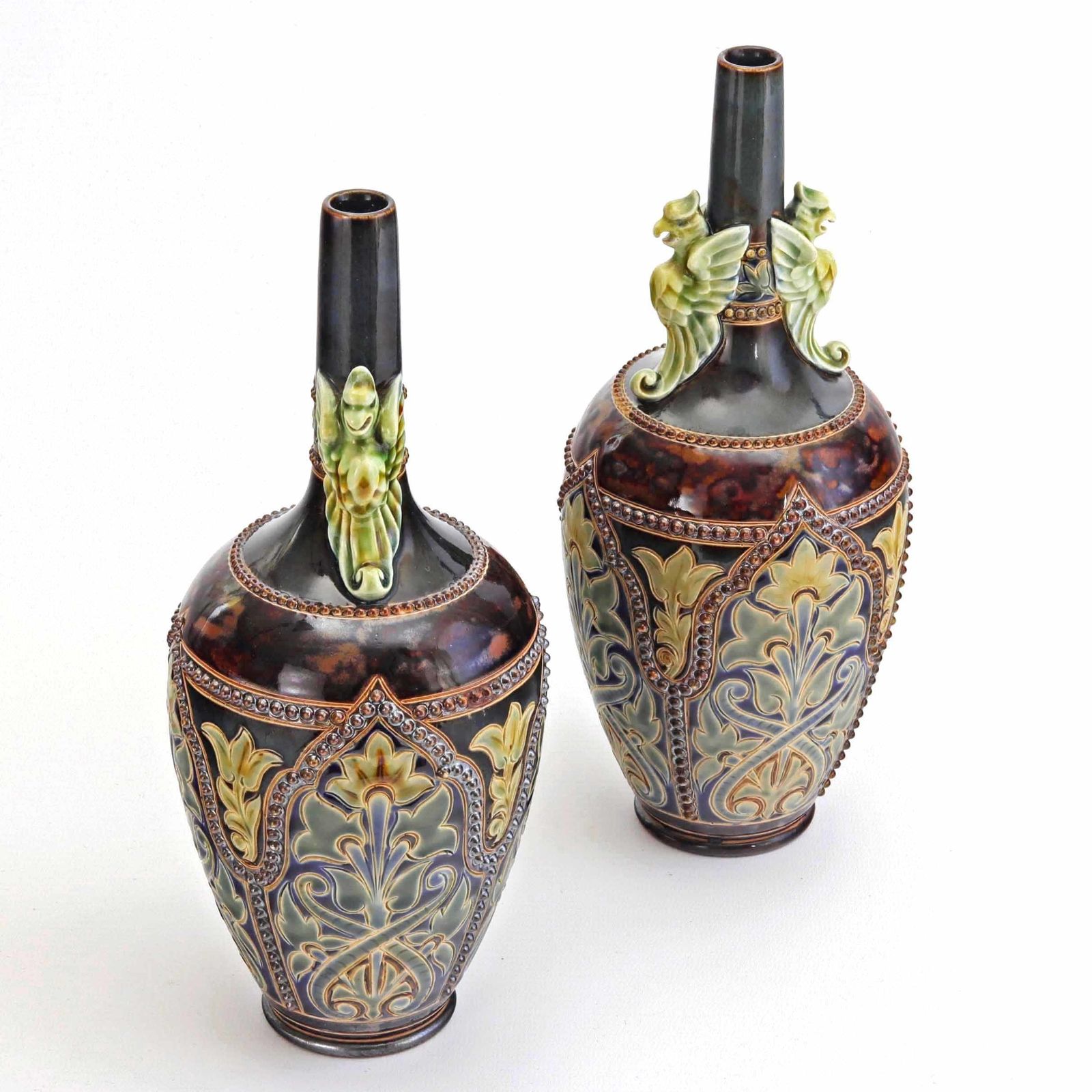Pair Of Doulton Lambeth Bottle Vases With Applied Griffins By Frank Butler C1885 photo vinterior