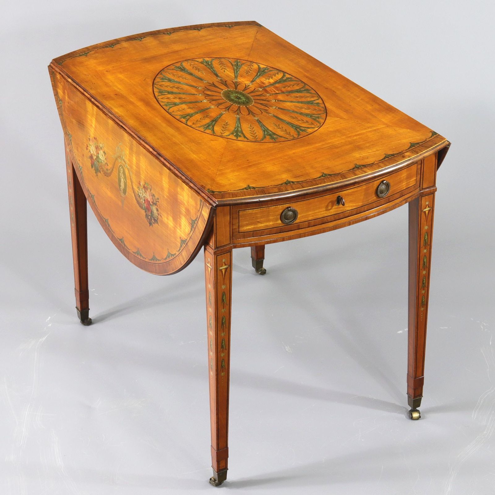 George III Satinwood And Kingwood Polychrome Painted Oval Pembroke Table C1790 photo vintage