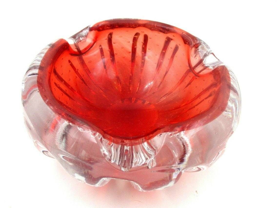 Flying Saucer Volante 60s Art Glass Murano Sommerso Bowl Red Bullicante Ribbed photo furniture