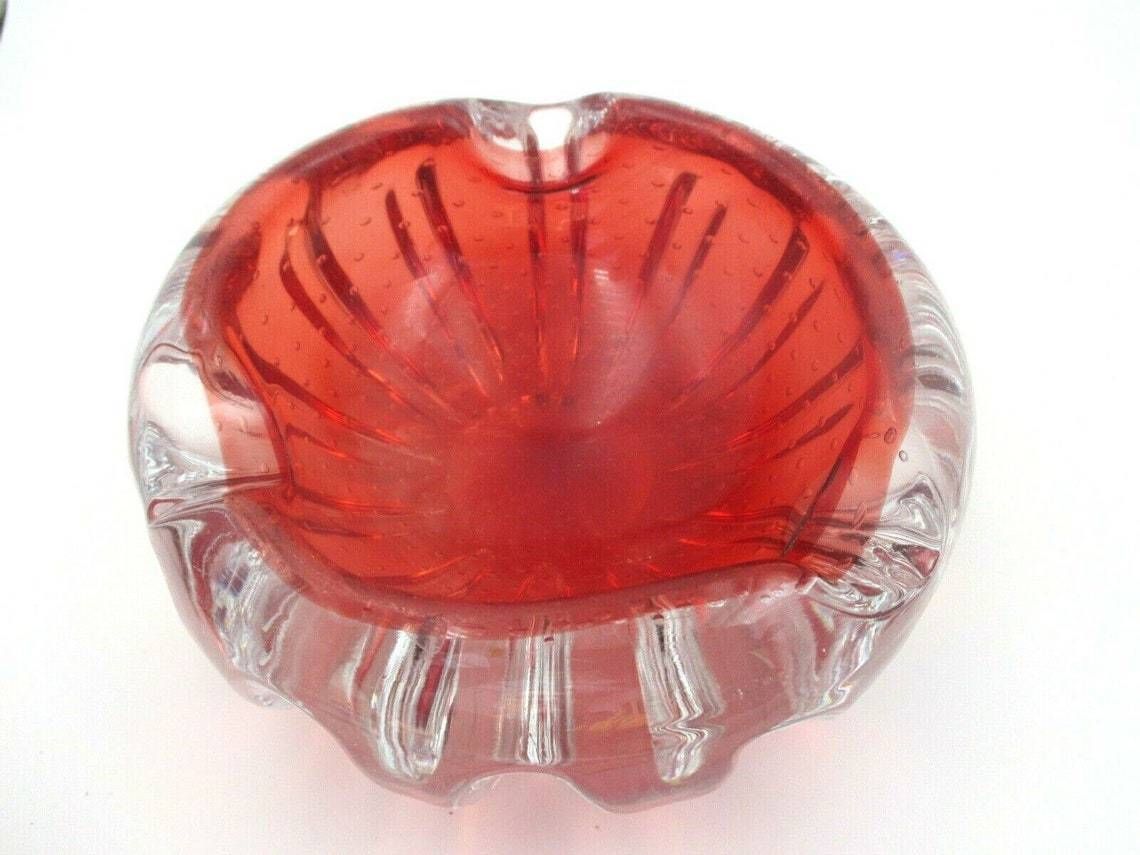 Flying Saucer Volante 60s Art Glass Murano Sommerso Bowl Red Bullicante Ribbed photo vinterior