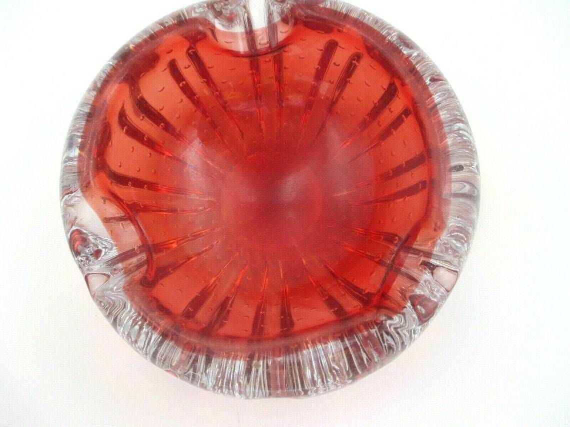 Flying Saucer Volante 60s Art Glass Murano Sommerso Bowl Red Bullicante Ribbed photo buy