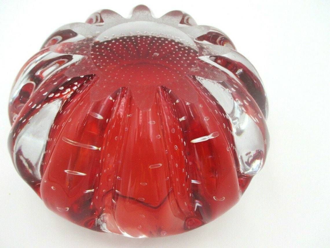 photo for sale Flying Saucer Volante 60s Art Glass Murano Sommerso Bowl Red Bullicante Ribbed