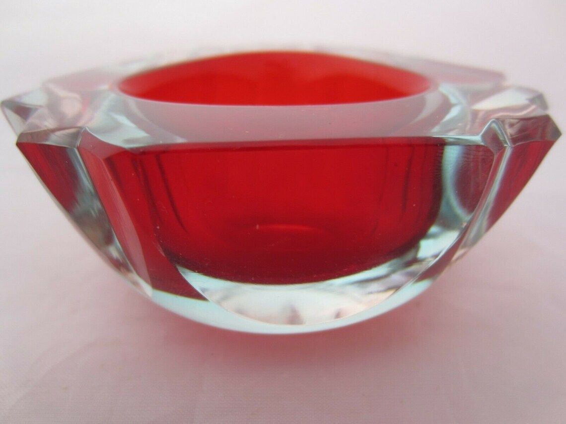 Murano Poli Seguso Era Red In Blue Faceted Sommerso Art Glass Geode Bowl photo Home Decor