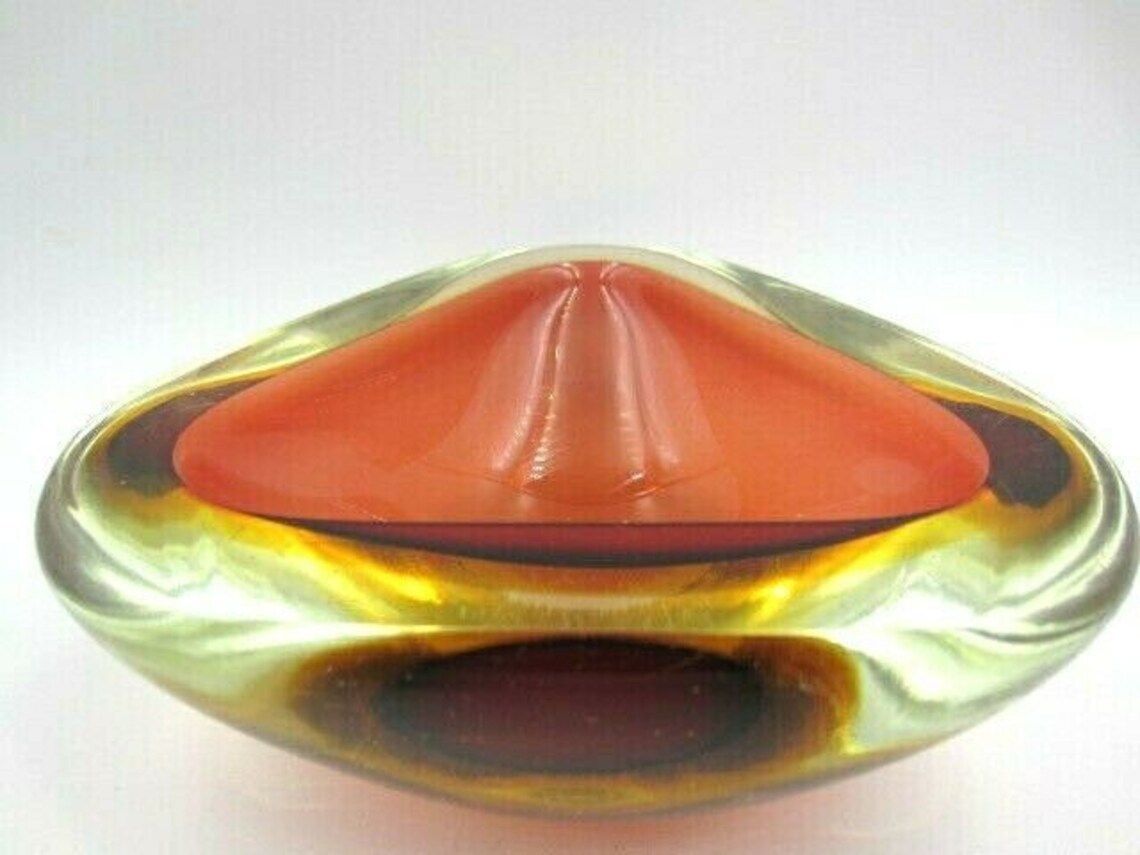 Murano Poli Seguso Era Xl Amber / Amber Art Glass Mid Century Tricorn Geode Bowl photo 81.0