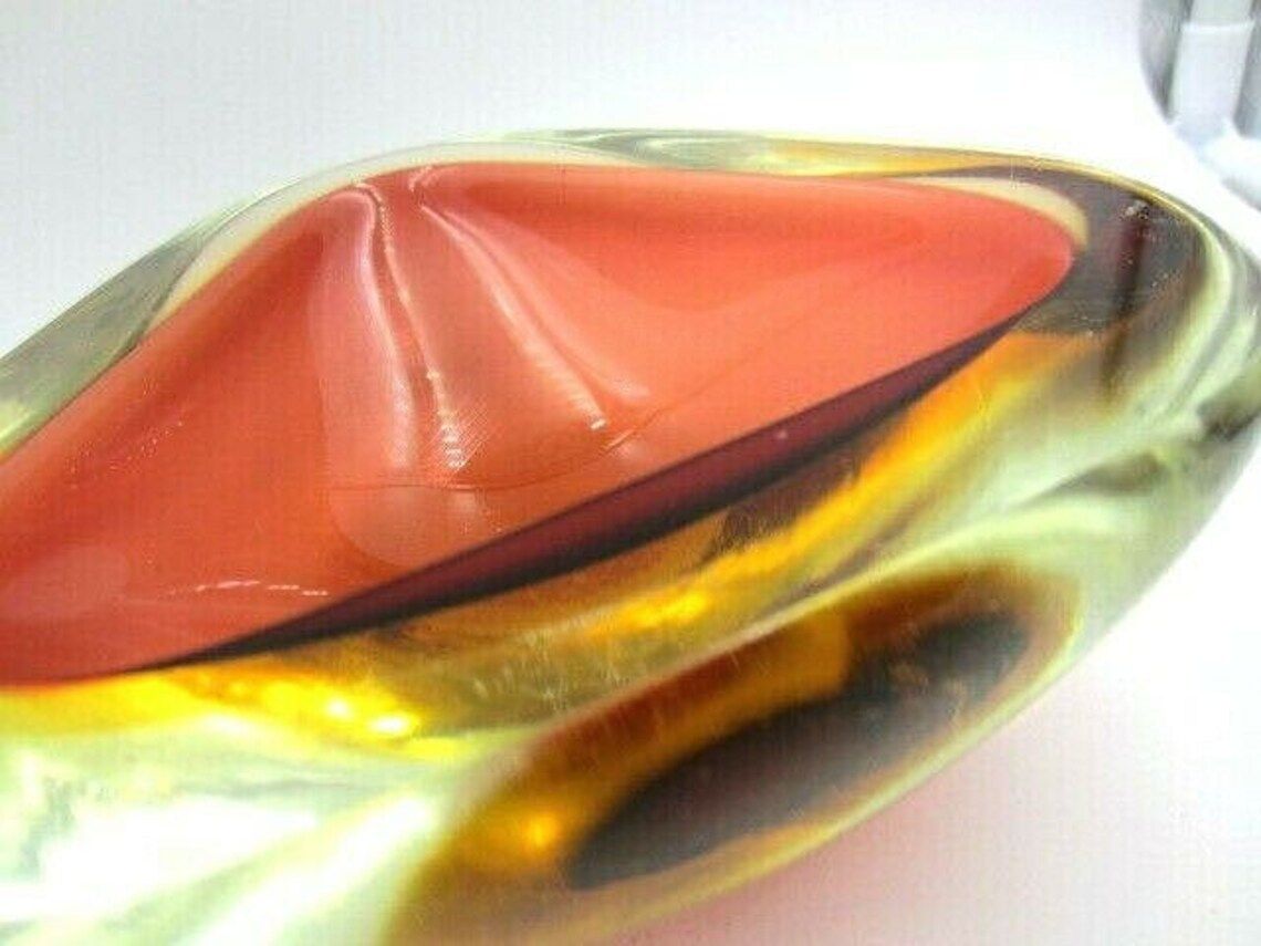 Murano Poli Seguso Era Xl Amber / Amber Art Glass Mid Century Tricorn Geode Bowl photo buy