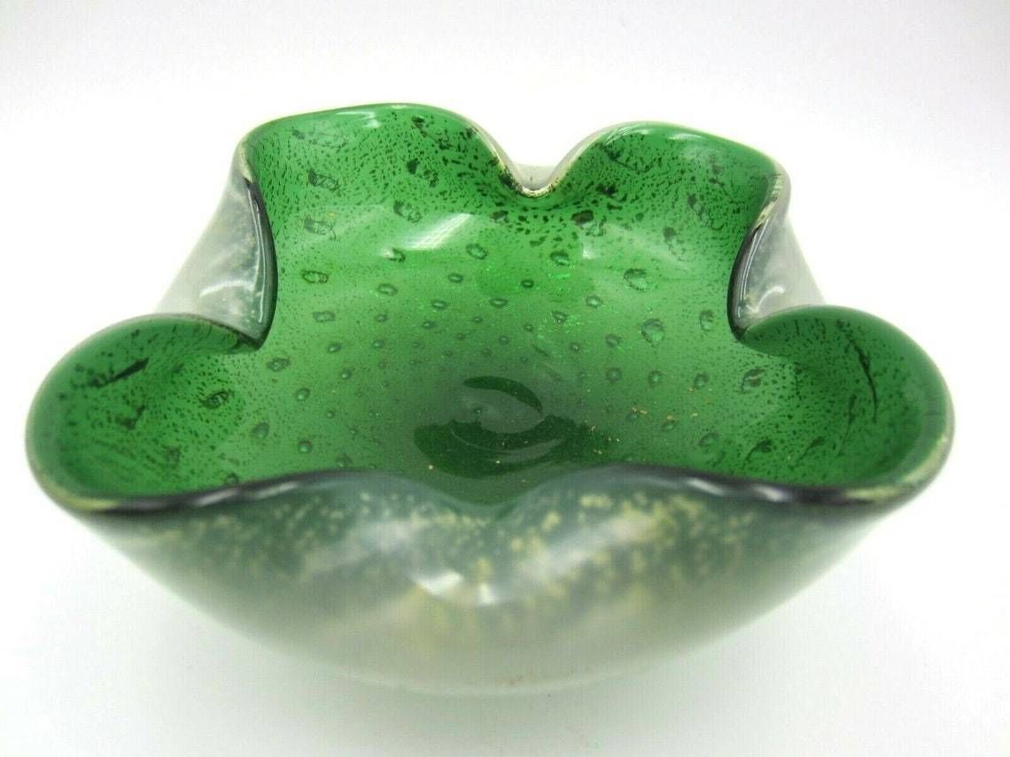 Stunning Barbini Green Murano Art Glass Bullicante, Aventurine And Opline Bowl