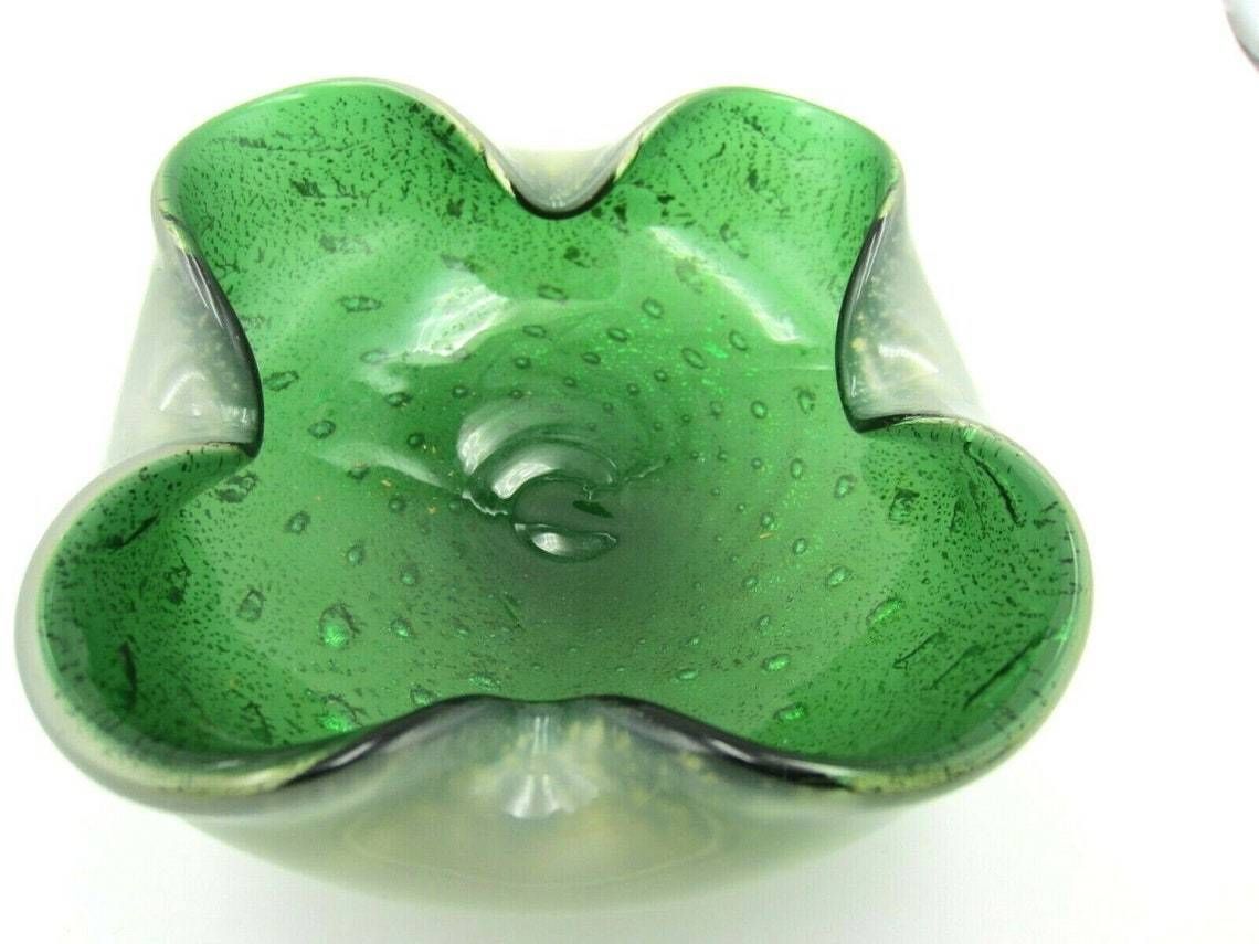 Stunning Barbini Green Murano Art Glass Bullicante, Aventurine And Opline Bowl photo vinterior