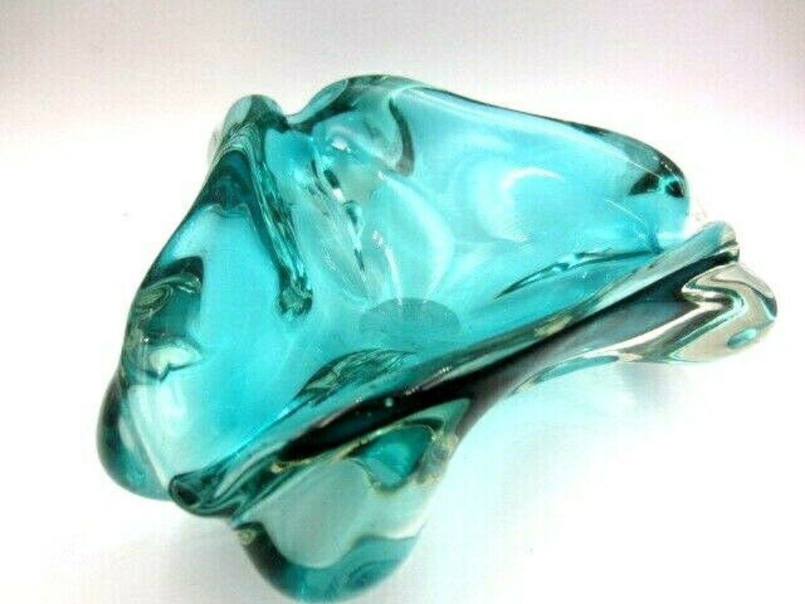 Freeform Stunning Teal Blue Murano Sommerso Lobed Triangle Art Glass Bowl photo for sale