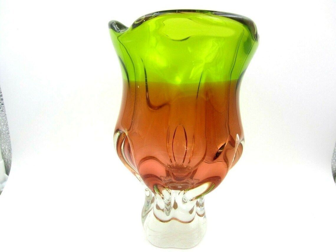 Beautiful Chribska Sommerso Style Art Glass Tulip Vase Vibrant Green And Orange photo furniture