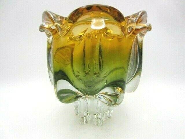Sommerso Chribska Xxl Organic Footed Round Orange And Green Art Glass Bowl photo vintage