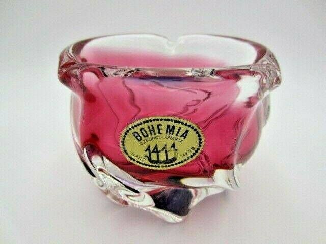 Chribska Organic Footed Round Pink Purple Sommerso Style Art Glass Bowl Label