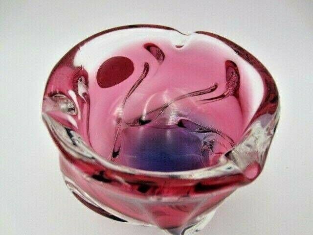 Chribska Organic Footed Round Pink Purple Sommerso Style Art Glass Bowl Label photo buy