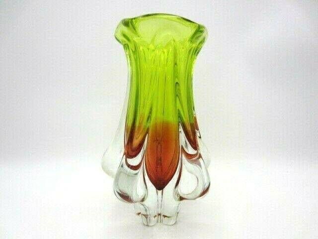 Mid Century Vibrant Green And Pink Art Glass Chribska Sommerso Vase photo for sale