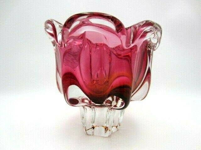Sommerso Chribska Xxl Organic Foot Round Pink And Amber Art Glass Centrepiece Bowl