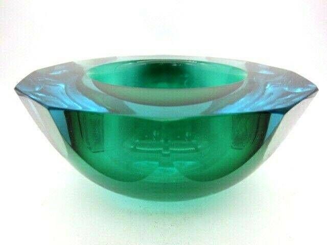 Caviar Bowl Huge Alessandro Mandruzzato Murano Faceted Green And Blue Sommerso Art Glass photo for sale