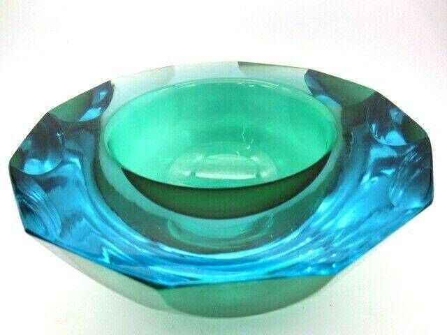 Caviar Bowl Huge Alessandro Mandruzzato Murano Faceted Green And Blue Sommerso Art Glass photo vintage