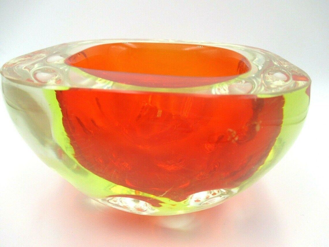 Red Yellow Green Murano Sommerso Dimpled Geode Glass Bowl Galliano Ferro Glows photo for sale