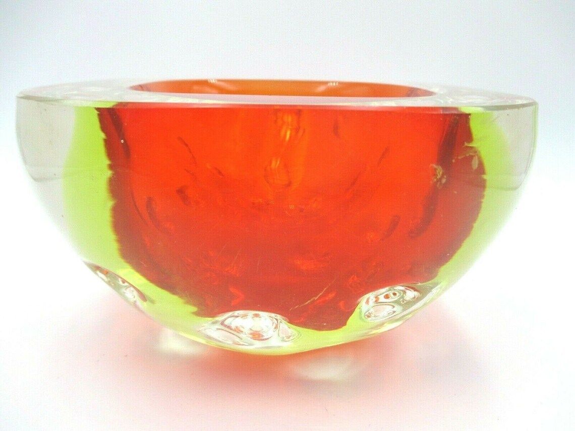 Red Yellow Green Murano Sommerso Dimpled Geode Glass Bowl Galliano Ferro Glows photo vinterior