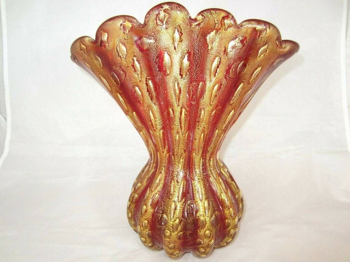 Murano 12in Barovier And Toso Cordonato Doro Gold Red Art Glass Large Fan Vase photo furniture