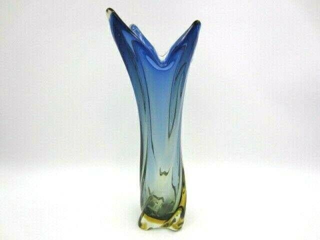 Czech Sommerso Ribbed And Twisted Leaf Vase Blues In Amber Collectible Glass photo furniture