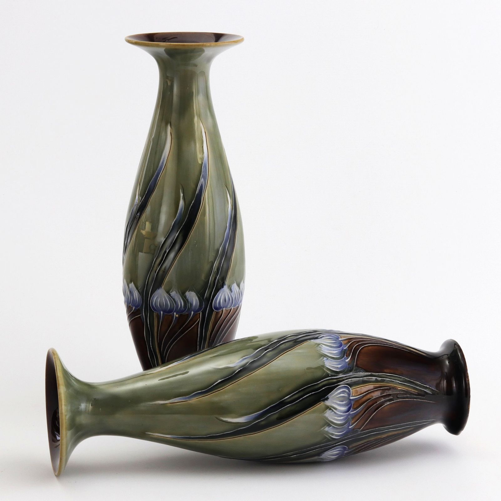 Tall Mirrored Pair Of Royal Doulton Secessionist Vases By Eliza Simmance C1903 photo for sale