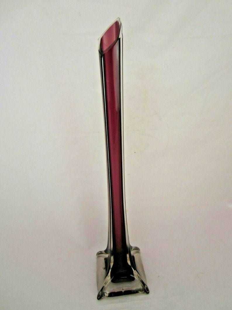 Stylish Mid Century Modern Tall Plum Colour Sommerso Art Glass Lily Vase 42cm photo Home Decor