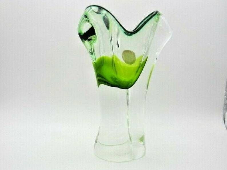 Sommerso Lime Green Ice Cream Cone Art Glass Vase  Sculpture Czech + Label photo for sale