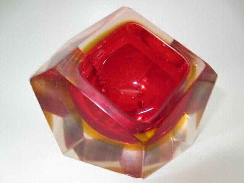 Murano Poli Seguso Era Diamond Sommerso Red And Amber In Pink Art Glass Bowl