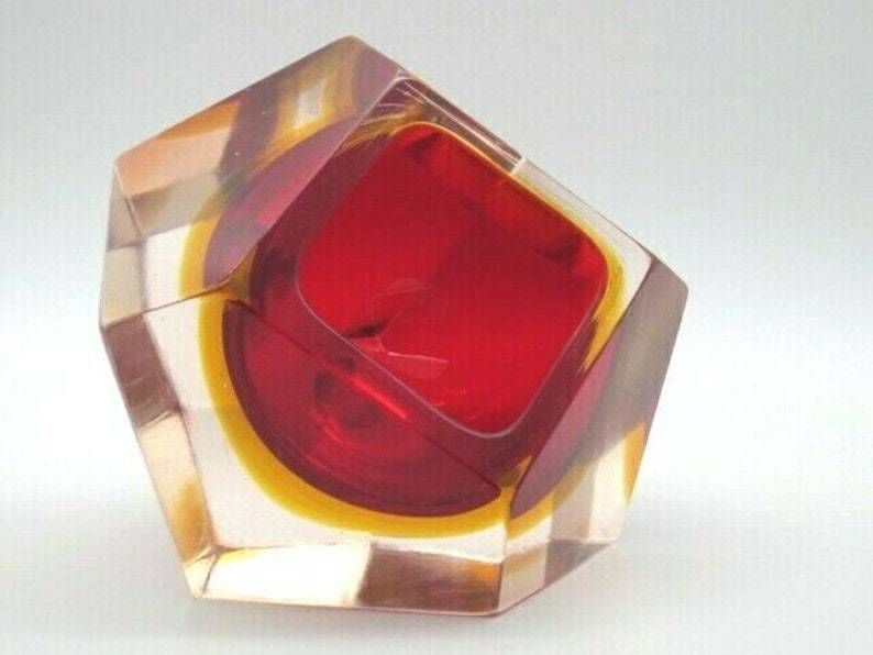 Murano Poli Seguso Era Diamond Sommerso Red And Amber In Pink Art Glass Bowl photo 132.0