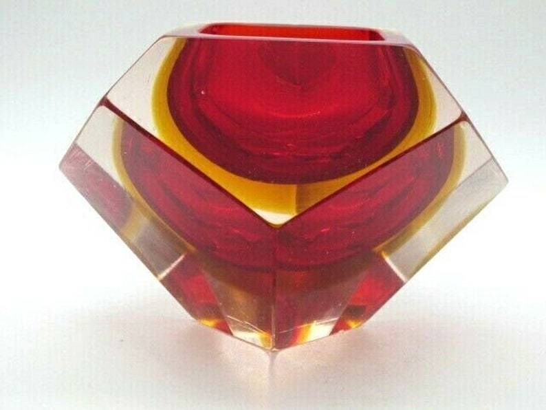 Murano Poli Seguso Era Diamond Sommerso Red And Amber In Pink Art Glass Bowl photo vinterior