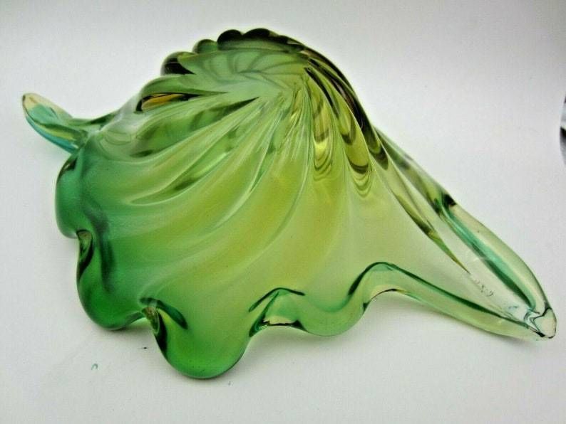Murano Mid Century Green Opaline And Amber Leaf Bowl Barovier And Toso Italy photo vinterior