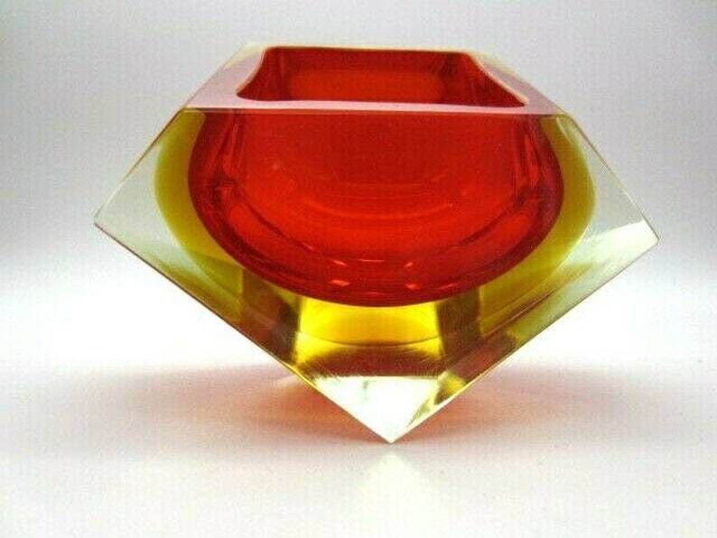 Xxl Murano Sommerso Red Amber Poli Seguso Era Large Facet Cut Art Glass Bowl photo for sale