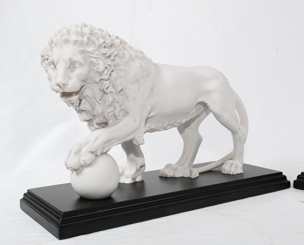 Pair Italian Lions Stone Medici Paw Ball Cats Statues photo furniture