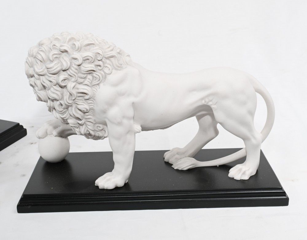 photo for sale Pair Italian Lions Stone Medici Paw Ball Cats Statues
