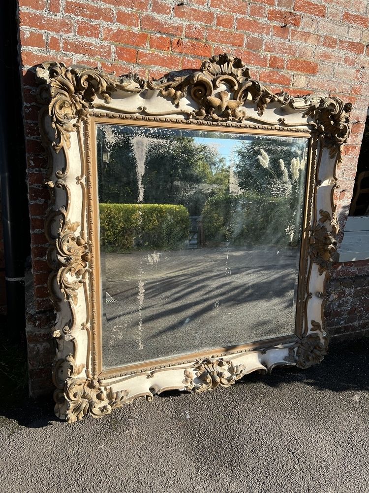 An Exceptional Large Antique English 19th Century Carved Wood & Gesso Original Distressed Gilt And Painted Rococo Style Mirror